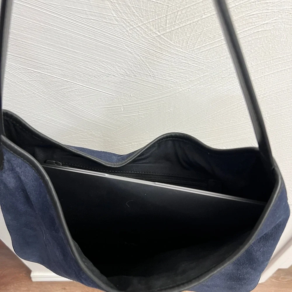J. Crew Navy Suede Shoulder Bag with Black Strap and Gold Accent